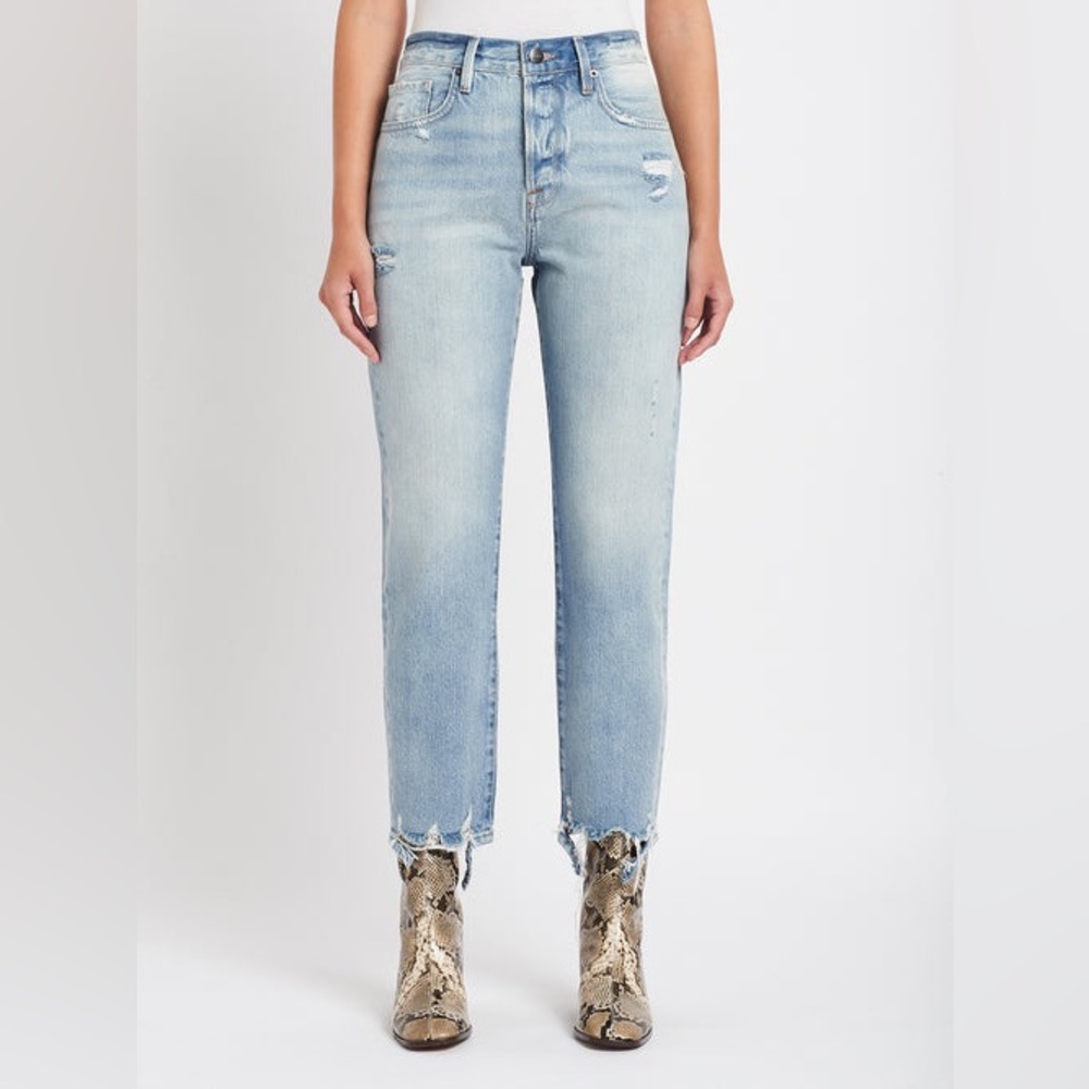 Frame Le Original Clash Button Fly Straight Distressed‎ Chewed Hem Denim Jeans